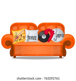 Sofa with pillows on musical theme isolated on white background. Sketch of poster, party invitation, other card. Stylized upholstered furniture for the interior. Vector cartoon close-up illustration.
