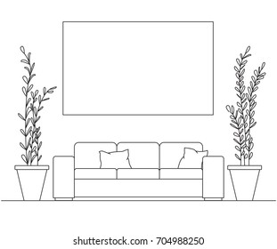 Sofa with pillows, on the sides large pots with plants. Over the sofa is three paintings. Frame on the wall for Fitting Your information. Linear sketch of the interior in a modern style.