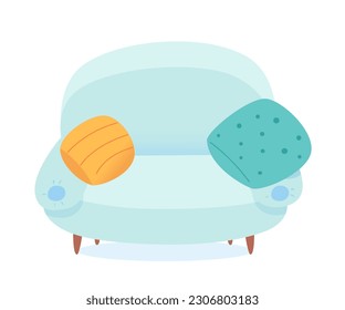 Sofá con ilustración vectorial de almohadas. Caricatura vista frontal aislada de un sofá o sillón lindo y cojines mullidos, cómoda y sencilla, con tapicería de tela verde, mobiliario de salón en casa