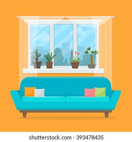 Sofa with pillows and window with plants. Living room interior. Flat style vector illustration.