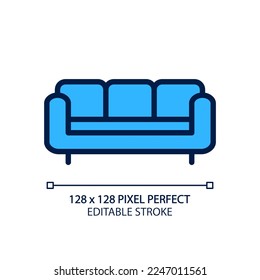 Sofa pixel perfect RGB color icon. Sectional leather couch. Furnishing for living room. Contemporary home furniture store. Isolated vector illustration. Simple filled line drawing. Editable stroke