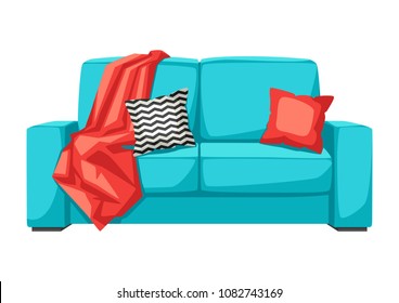 Sofa with plaid and pillow. Interior and furniture illusrtration.