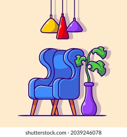 Sofa With Plant and Light Cartoon Vector Icon Illustration. Interior House Icon Concept Isolated Premium Vector. Flat Cartoon Style