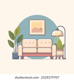 Sofa With Plant and Light Cartoon Vector Icon Illustration. Interior House Icon Concept Isolated Premium Vector. Flat Cartoon Style