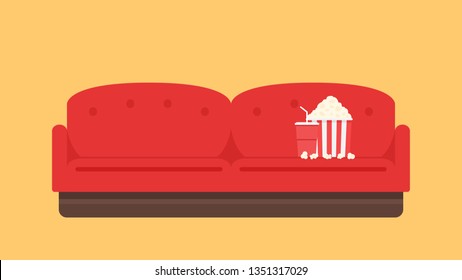 Sofa and popcorn vector. wallpaper. water cup.
