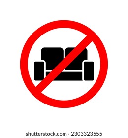 Icono de prohibición de software. No hay sofá. No sentarse en la ilustración de la señal de los muebles sobre fondo blanco. 