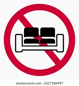 Sofa prohibition icon. No sofa. Do not sit down furniture. Vector icon.