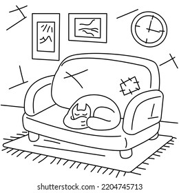 Sofa In The Room. The Sofa In The Room Stands On A Rug, A Clock And Paintings Hang On The Wall, A Cat Is On The Sofa. Cartoon Vector Black And White Illustration.