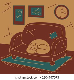 Sofa In The Room. The Sofa In The Room Stands On A Rug, A Clock And Paintings Hang On The Wall, A Cat Is On The Sofa. Cartoon Vector Color Illustration.