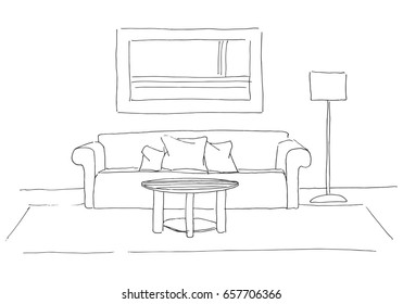 Sofa, round table in front of her. Floor lamp on the side. Hand drawn vector illustration of a sketch style.