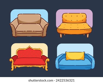 Sofa seats vector illustration set collection group isolated on horizontal background. Simple flat cartoon art styled comfortable couch drawing. Home interior decoration objects.