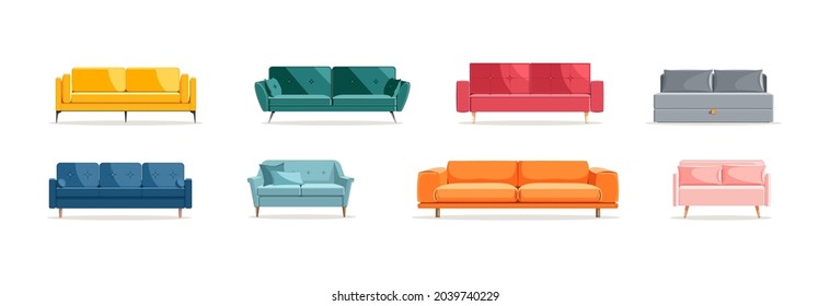 Sofa set. Sofa collection of different styles and colors. Divans illustration in flat cartoon style.
