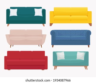 Sofa set. Collection of stylish modern cozy couch. Vector illustration in flat style, isolated on white background