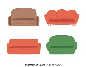 Sofa set decorations, soft seat with arms, colorful furniture isolated on white, empty armchairs in flat design style, indoor objects for sitting vector