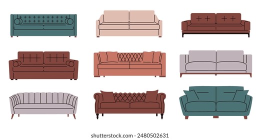 Conjunto de cómodos sofás modernos y elegantes. Muebles para el hogar, interior, apartamentos. Sofás para sala de estar, moderno. Ilustración vectorial plana aislada