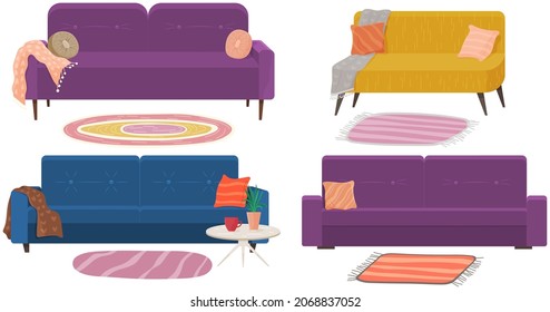 Sofa set with pillows and carpet. Living room furniture design concept modern home interior element. Contemporary furniture for living room or home office. Modern sofa with soft cloth upholstery