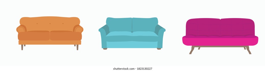 Sofa. Set of three bright designer sofas. Vector graphics on a white background.