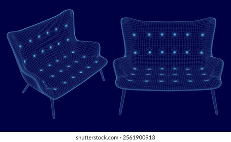 Sofa set wireframe. Vector illustration. 3D