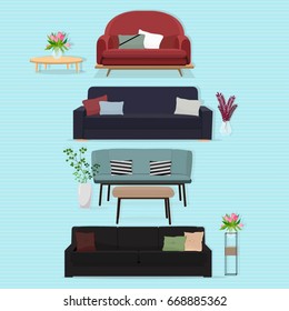 Sofa sets and home accessories. Furniture design. Sofas with pillows, lamps, pictures.