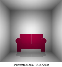 Sofa sign illustration. Bordo icon with shadow in the room.