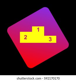 Sofa sign illustration. Flat style icon. Vector. Yellow icon at violet-red gradient square with rounded corners rotated for dynamics on black background.