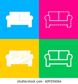 Sofa sign illustration. Four styles of icon on four color squares.