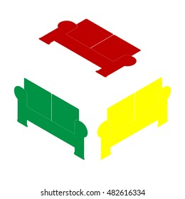 Sofa sign illustration. Isometric style of red, green and yellow icon.