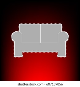 Sofa sign illustration. Postage stamp or old photo style on red-black gradient background.
