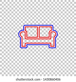 Sofa sign illustration. Red, white and contour icon at transparent background. Illustration.