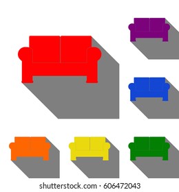 Sofa sign illustration. Set of red, orange, yellow, green, blue and violet icons at white background with flat shadow.