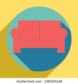 Sofa sign illustration. Sunset orange icon with llapis lazuli shadow inside medium aquamarine circle with different goldenrod shadow at royal yellow background.