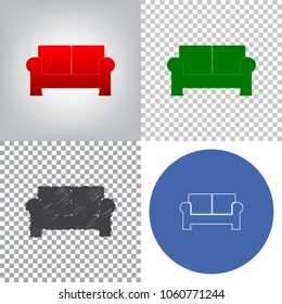 Sofa sign illustration. Vector. 4 styles. Red gradient in radial lighted background, green flat and gray scribble icons on transparent and linear one in blue circle.