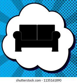 Sofa sign illustration. Vector. Black icon in bubble on blue pop-art background with rays.