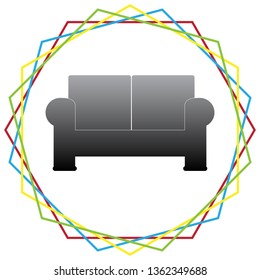 Sofa sign illustration. Vector. Black icon with patch of light inside colorful hexagonal frames at white background.