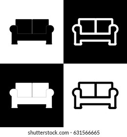 Sofa sign illustration. Vector. Black and white icons and line icon on chess board.