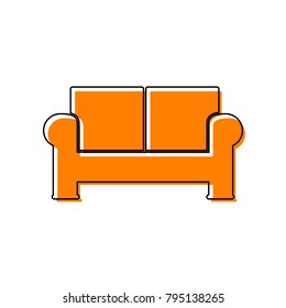 Sofa sign illustration. Vector. Black line icon with shifted flat orange filled icon on white background. Isolated.
