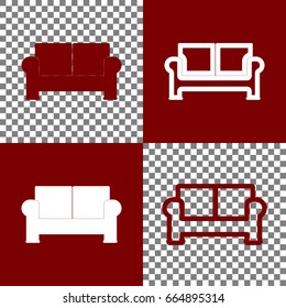 Sofa sign illustration. Vector. Bordo and white icons and line icons on chess board with transparent background.
