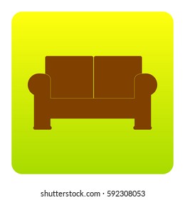 Sofa sign illustration. Vector. Brown icon at green-yellow gradient square with rounded corners on white background. Isolated.