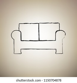 Sofa sign illustration. Vector. Brush drawed black icon at light brown background.