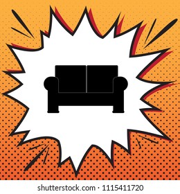 Sofa sign illustration. Vector. Comics style icon on pop-art background.