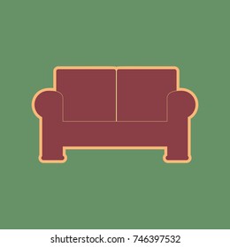 Sofa sign illustration. Vector. Cordovan icon and mellow apricot halo with light khaki filled space at russian green background.