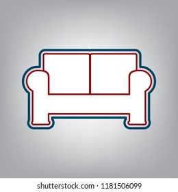 Sofa sign illustration. Vector. Dark red, transparent and midnight green stroke of white icon at grayish background.