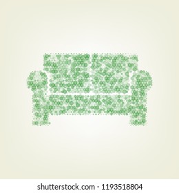 Sofa sign illustration. Vector. Green hexagon rastered icon and noised opacity and size at light green background with central light.