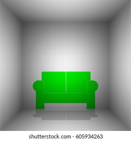 Sofa sign illustration. Vector. Green icon with shadow in the room.