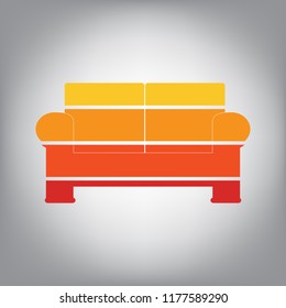 Sofa sign illustration. Vector. Horizontally sliced icon with colors from sunny gradient in gray background.