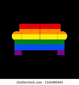 Sofa sign illustration. Vector. Icon with colors of LGBT flag at black background.