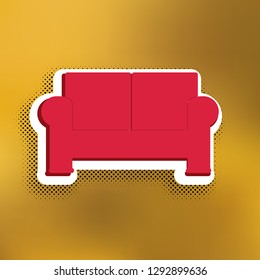 Sofa sign illustration. Vector. Magenta icon with darker shadow, white sticker and black popart shadow on golden background.
