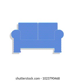 Sofa sign illustration. Vector. Neon blue icon with cyclamen polka dots pattern with light gray shadow on white background. Isolated.