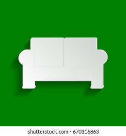Sofa sign illustration. Vector. Paper whitish icon with soft shadow on green background.