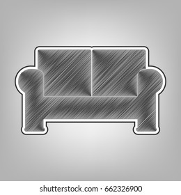 Sofa sign illustration. Vector. Pencil sketch imitation. Dark gray scribble icon with dark gray outer contour at gray background.